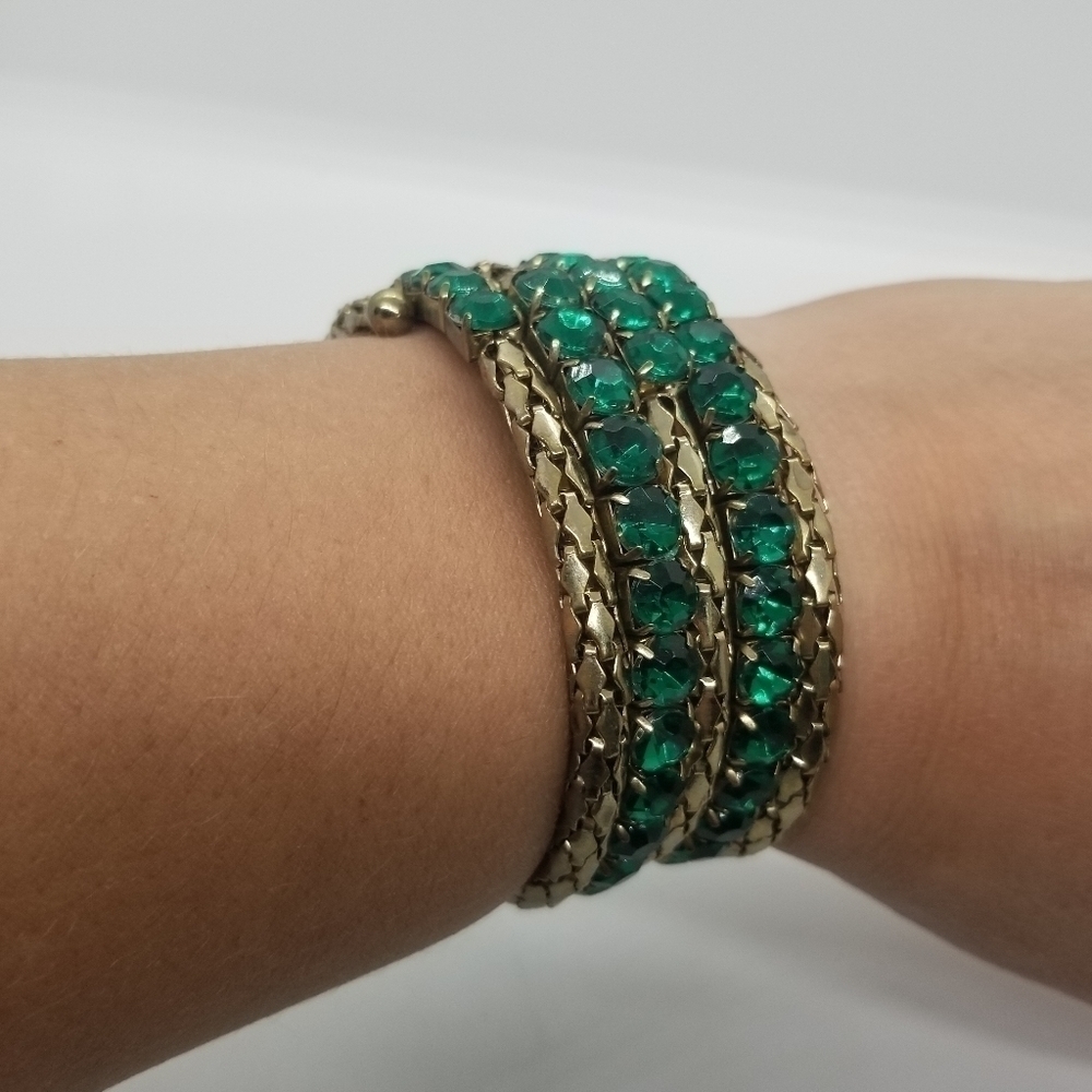 gold tone and green rhinestone coil wrap bracelet